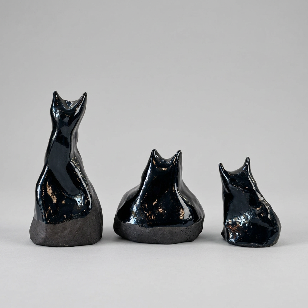 Two glossy black cat-shaped ceramic sculptures, one tall and leaning and one shorter and sitting, displayed on a light gray background.