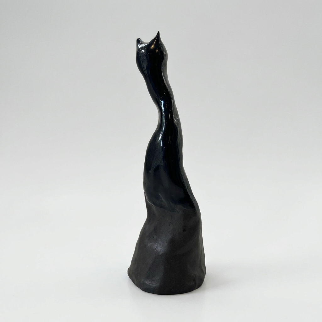 A glossy black ceramic sculpture of a cat in a tall, curved posture, photographed against a seamless white background.